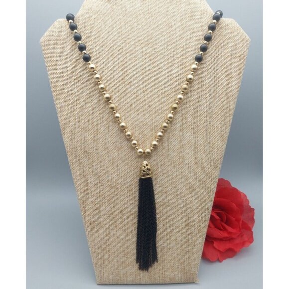 Charming Charlie Gold Tone & Black Long Beaded Necklace Chain Tassel Pendant 34" - Picture 4 of 8